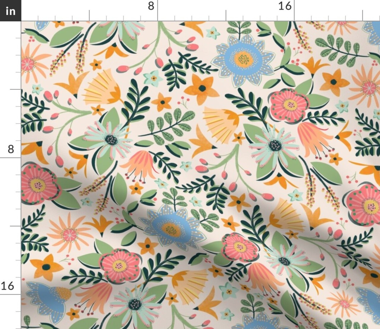 Whimsical Flowers Pink Blue Green Retro Spring Floral Custom Printed Fabric by Spoonflower Various Fabrics by the Yard or Fat Quarter